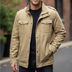 Pursky Khaki Tan Military Utility Field Jacket Stand Collar Epaulets Mens L NWOT